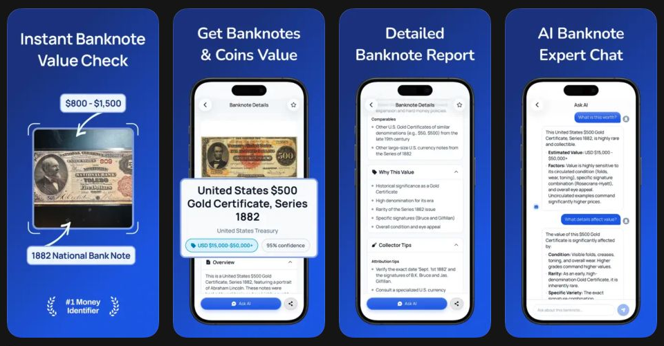 Banknote Identifier App Store screenshots showing scan results, collector reports, and follow-up questions