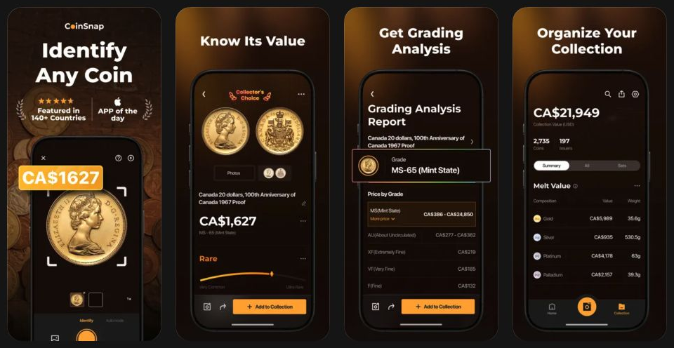 CoinSnap app screens for coin identification, estimated value, analysis, and collection records