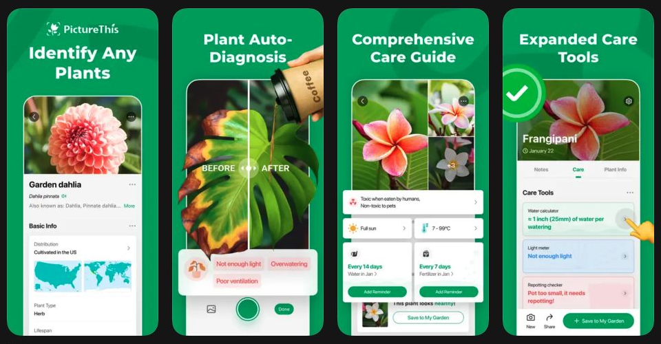 PictureThis app screens showing plant identification, care guidance, and care reminders
