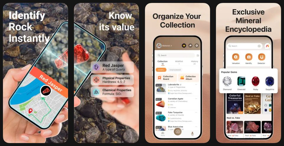 Rock Identifier app screenshots showing a rock scan, mineral information, and a saved collection