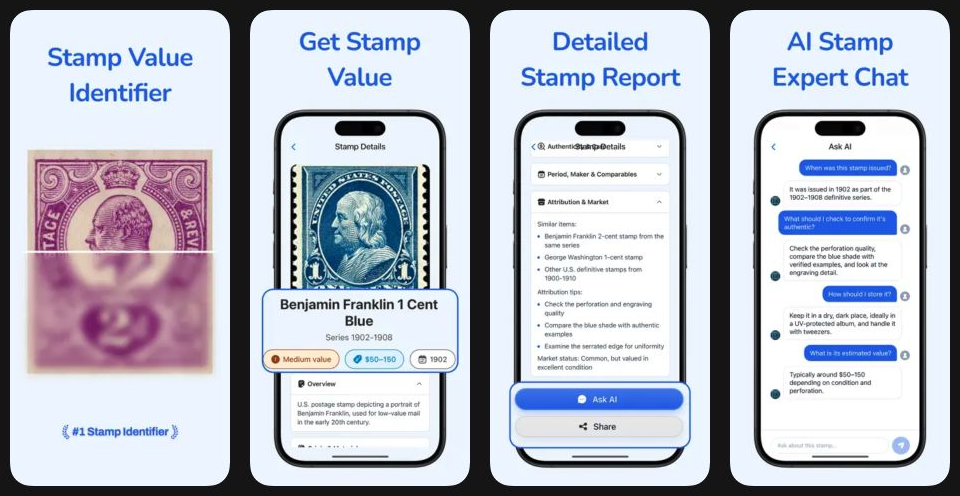 Stamp Scanner App Store screenshots showing identification, stamp reports, and follow-up questions