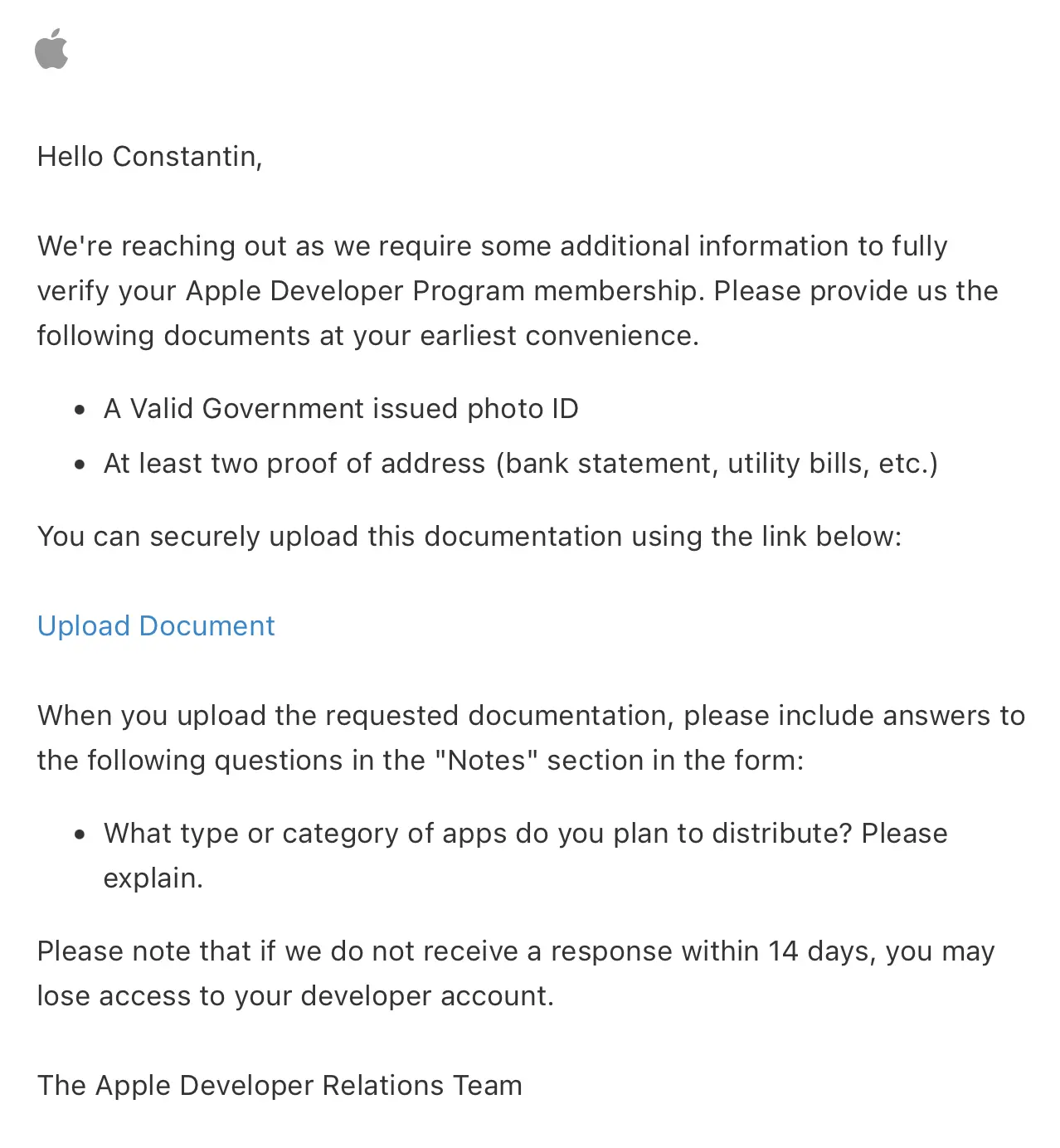 Apple requests identity and address documents to verify an Apple Developer Program membership