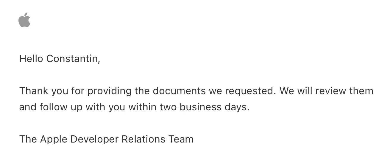 Apple confirms receiving the requested documents and promises a response within two business days