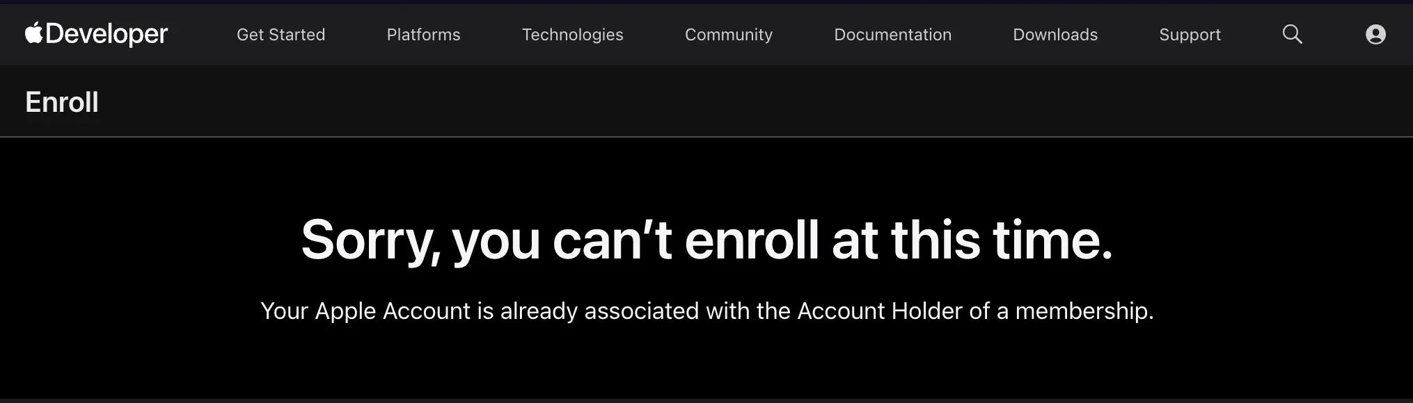 Apple blocks Developer Program enrollment because the account is already associated with an Account Holder