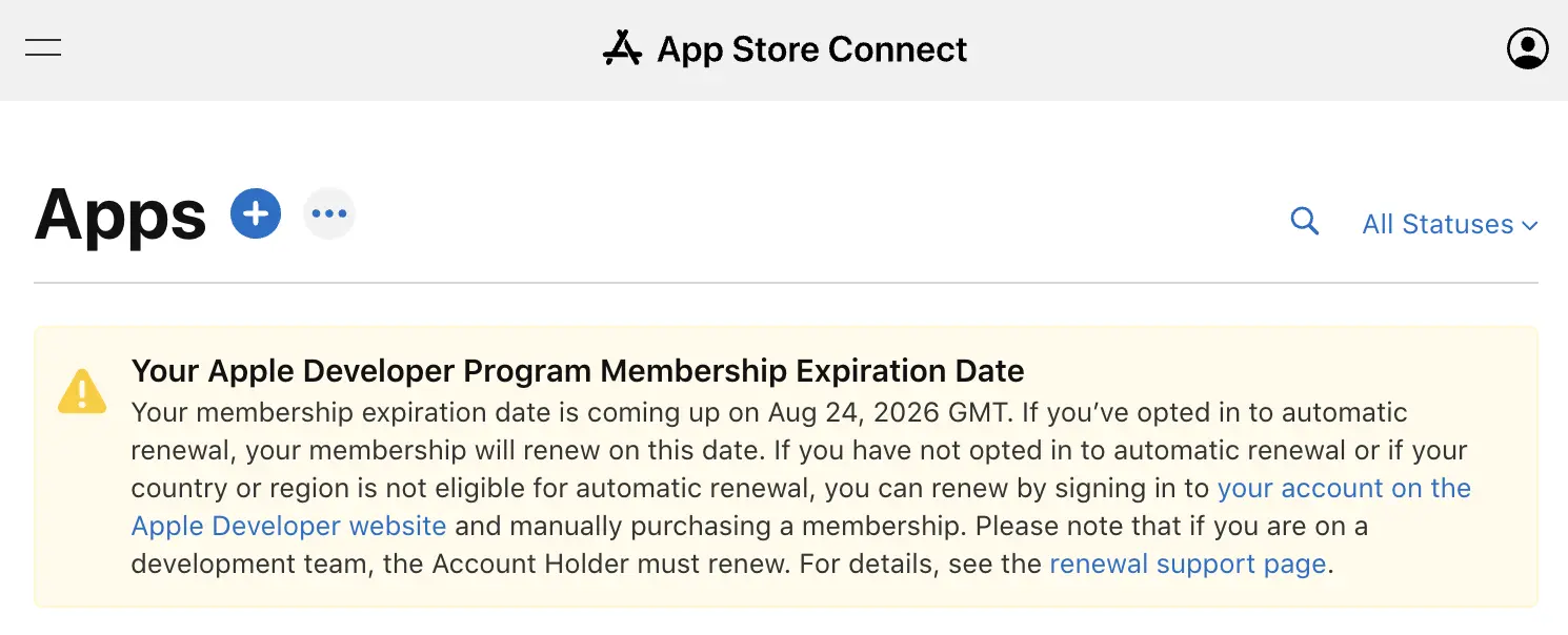 App Store Connect warns that the Apple Developer Program membership expires on August 24, 2026