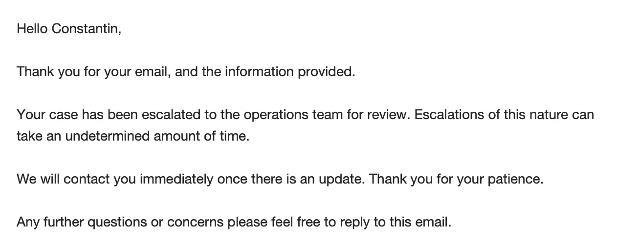 Apple Developer Support says the escalated operations review can take an undetermined amount of time