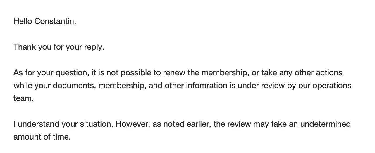 Apple Developer Support says membership renewal and other account actions are blocked during the review