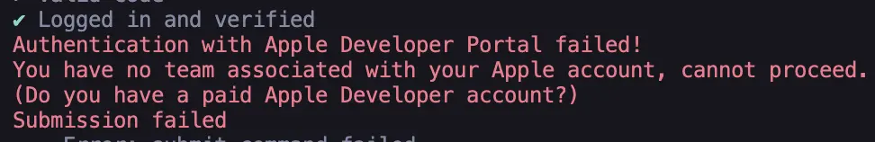 EAS submission fails because the Apple Developer Portal reports no associated team