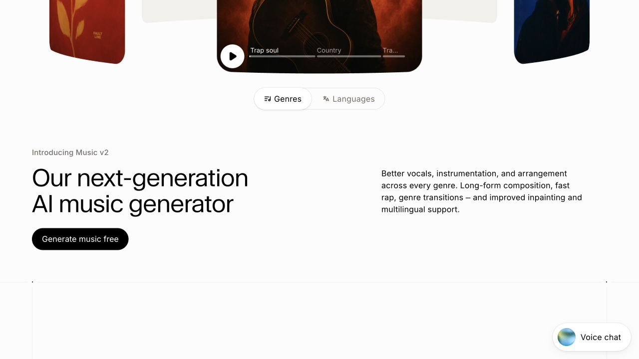 ElevenLabs Music page describing its music generator and multilingual song creation