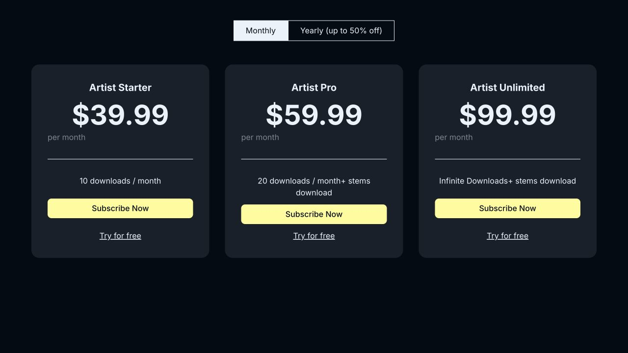 SOUNDRAW Artist plans showing monthly USD prices and download limits