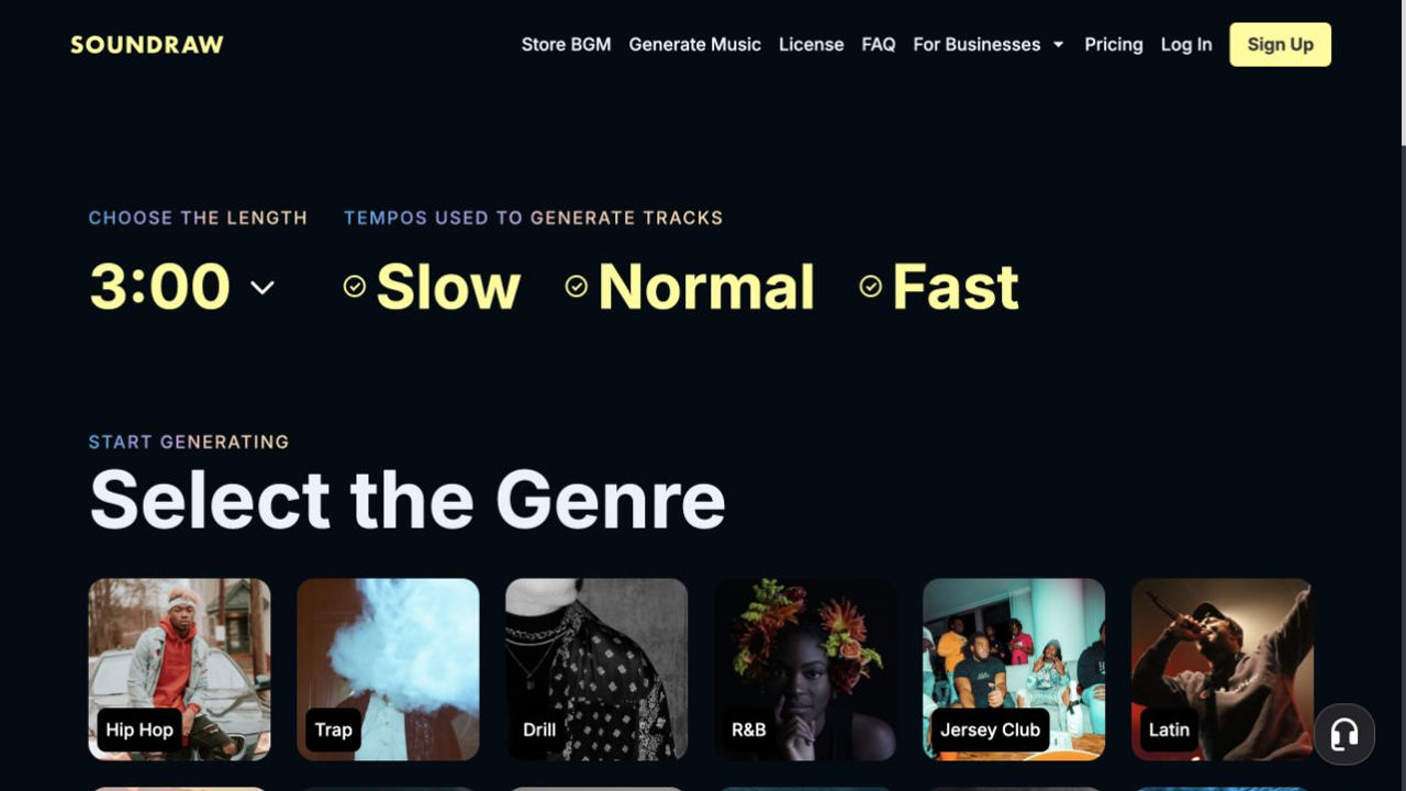 SOUNDRAW music generator with track length, tempo, and genre selection controls