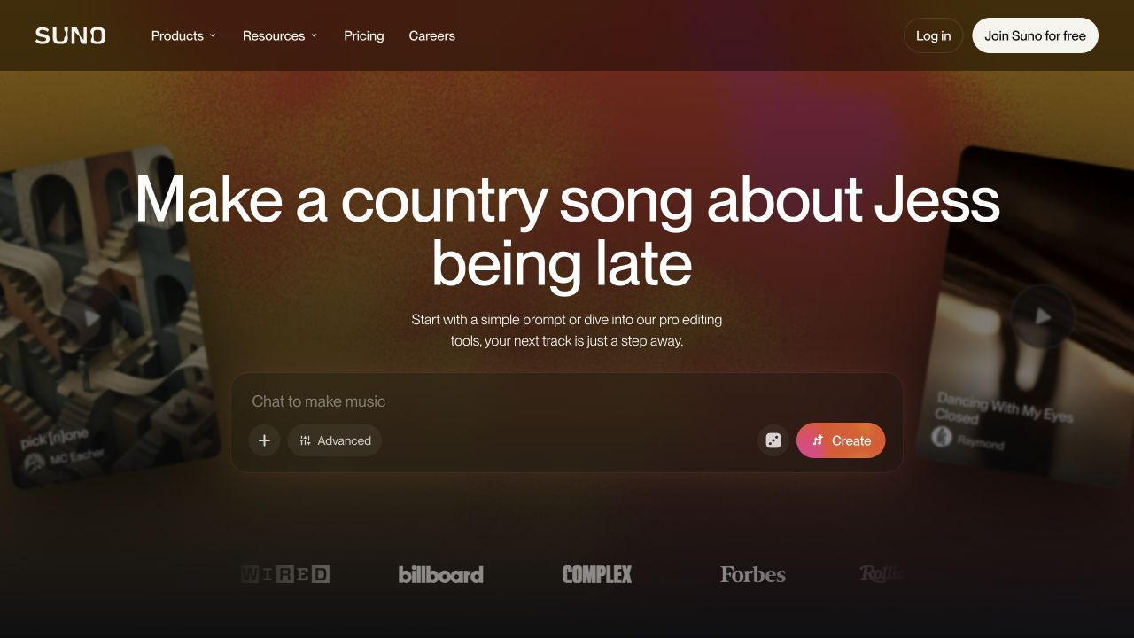 Suno website with a text prompt box for creating a song