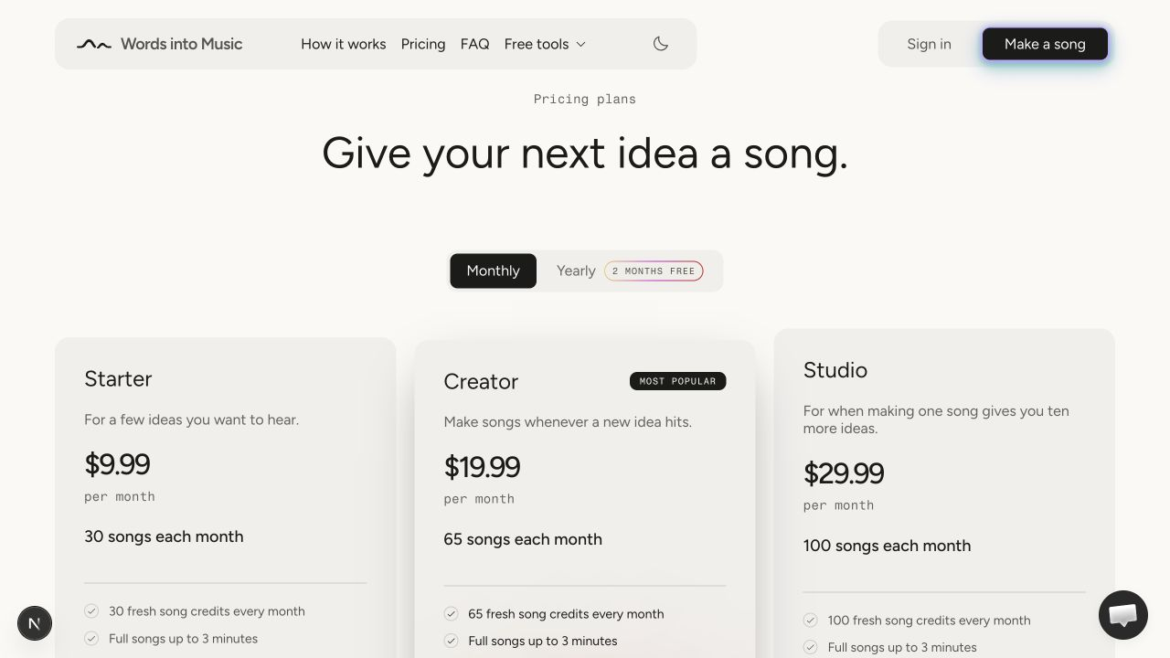 Words Into Music monthly pricing and included usage allowances