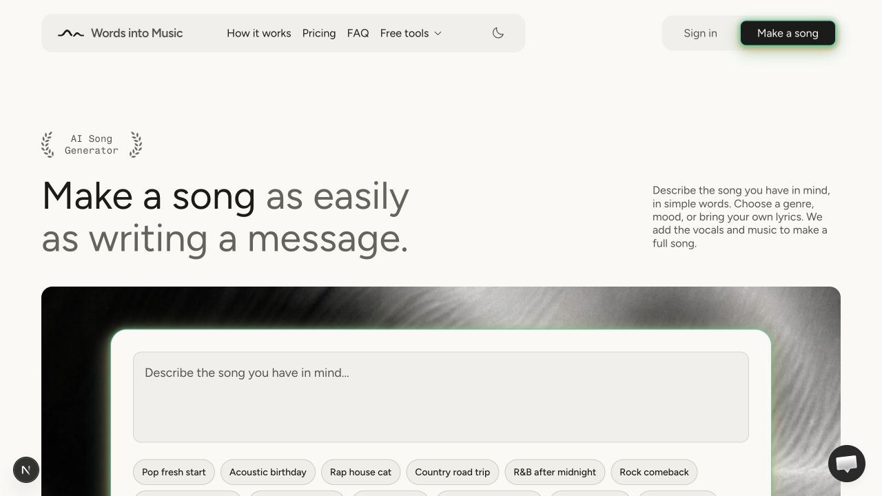 Words Into Music landing page with a song idea box and genre suggestions