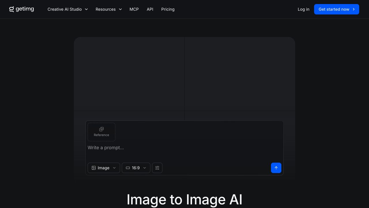 getimg.ai image-to-image page showing a reference portrait, a generated anime version, and a prompt example