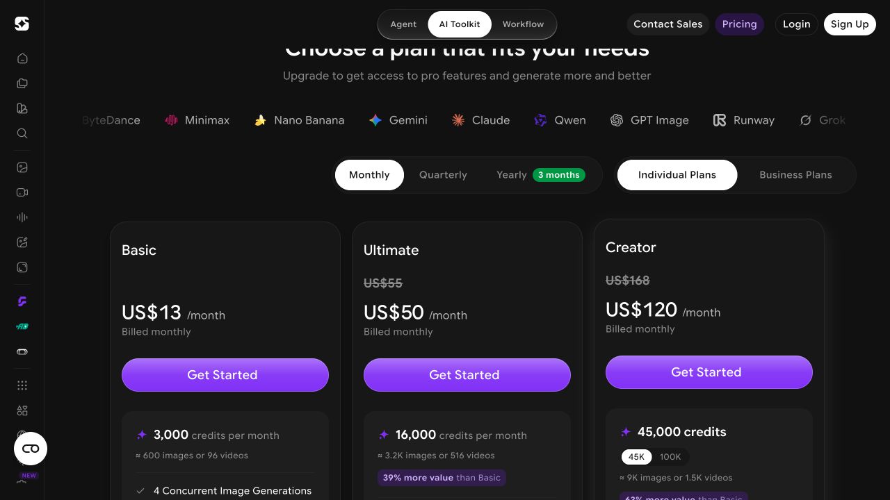 ImagineArt monthly USD plans showing Basic at $13 and promotional prices of $50 for Ultimate and $120 for Creator