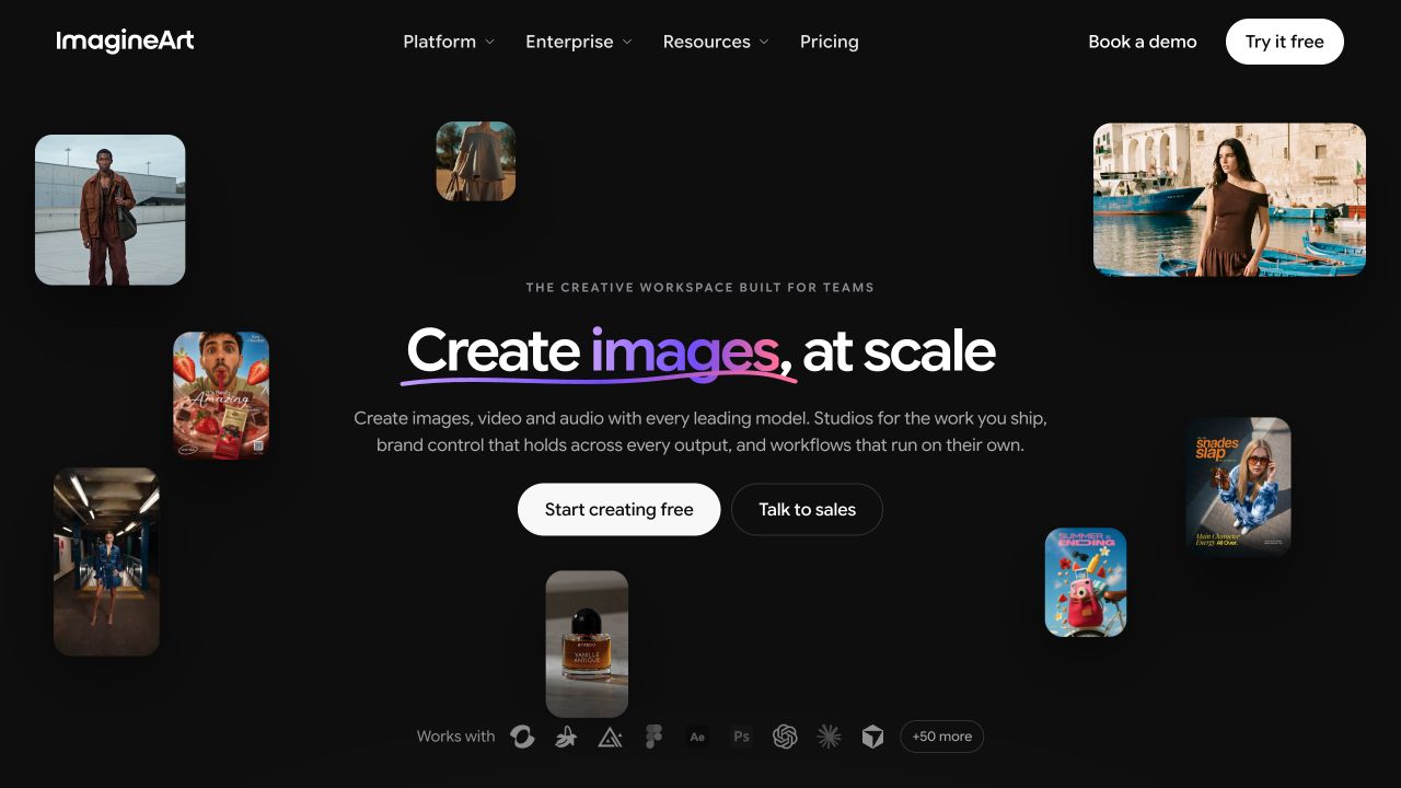 ImagineArt landing page showing image-generation examples and its creative workspace