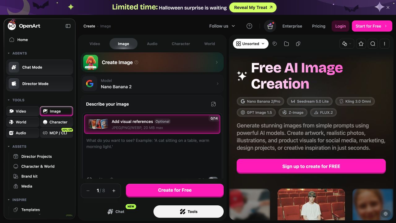 OpenArt image generator with a prompt field, optional visual references, and output controls