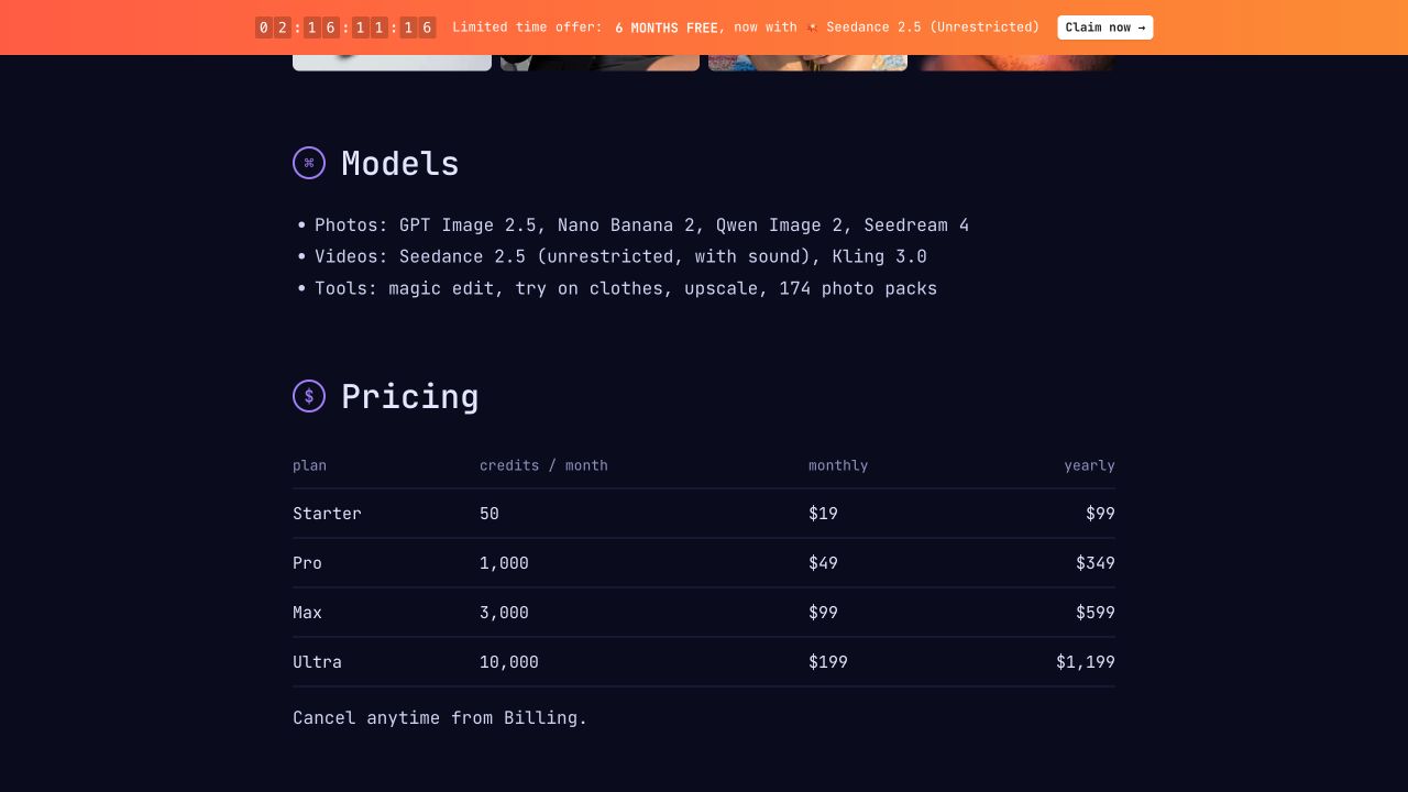 Photo AI USD pricing table showing monthly credits, monthly subscription prices, and annual prices