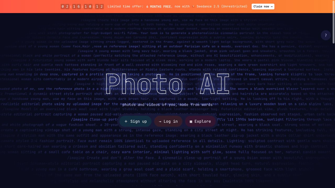 Photo AI landing page with sign-up and explore options for AI photo generation