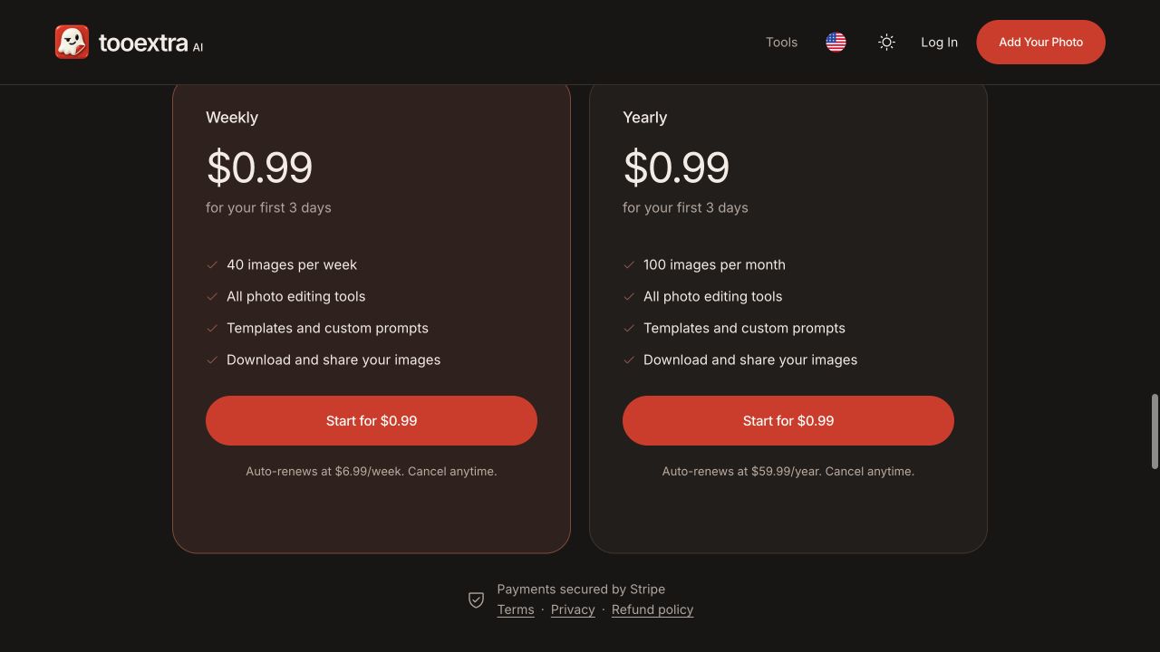 TooExtra AI USD plans showing the $0.99 introduction, image allowances, and weekly or yearly renewal prices