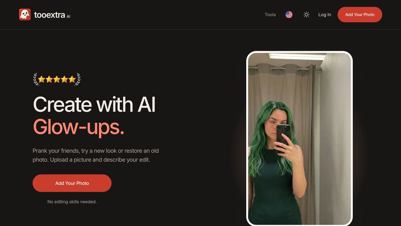 TooExtra AI landing page with a photo-generation example and an Add Your Photo button