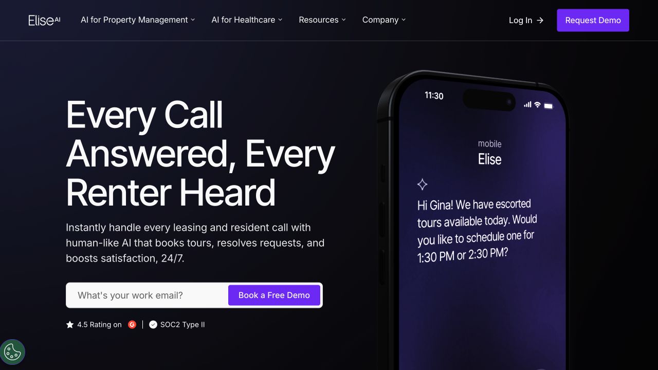 EliseAI VoiceAI page showing a phone conversation about scheduling a property tour