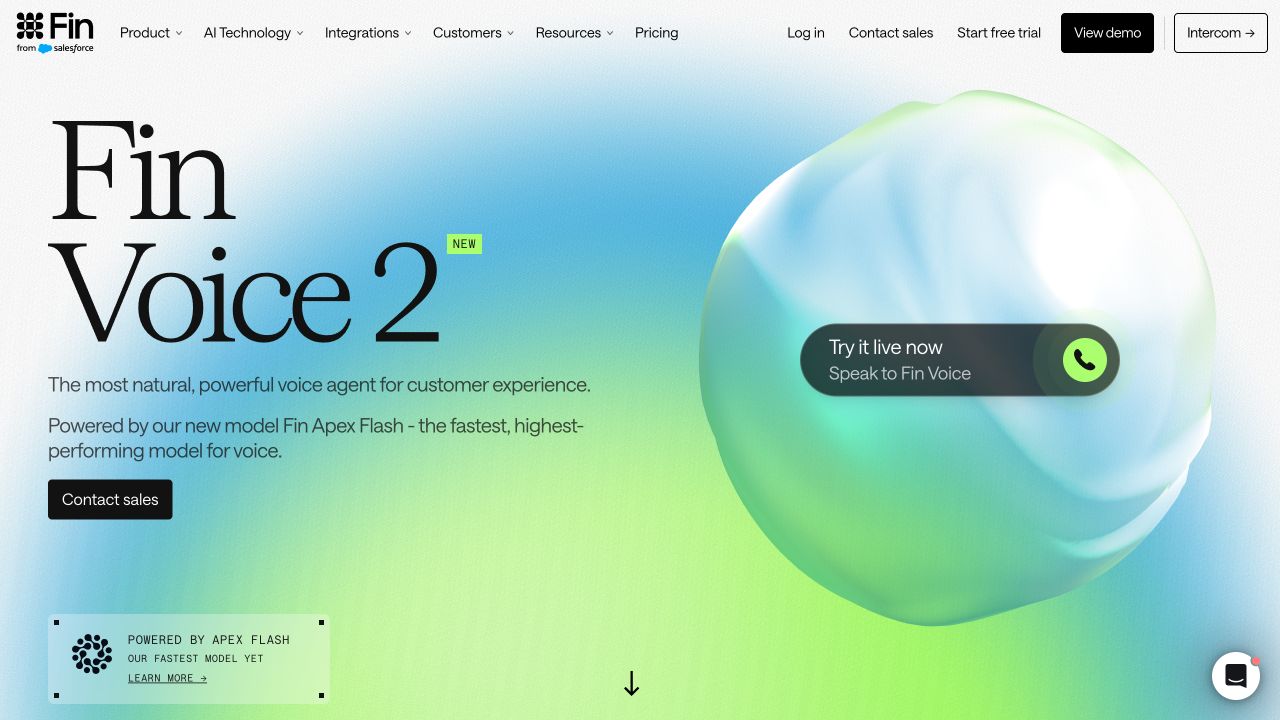 Fin Voice website presenting its voice customer-support product
