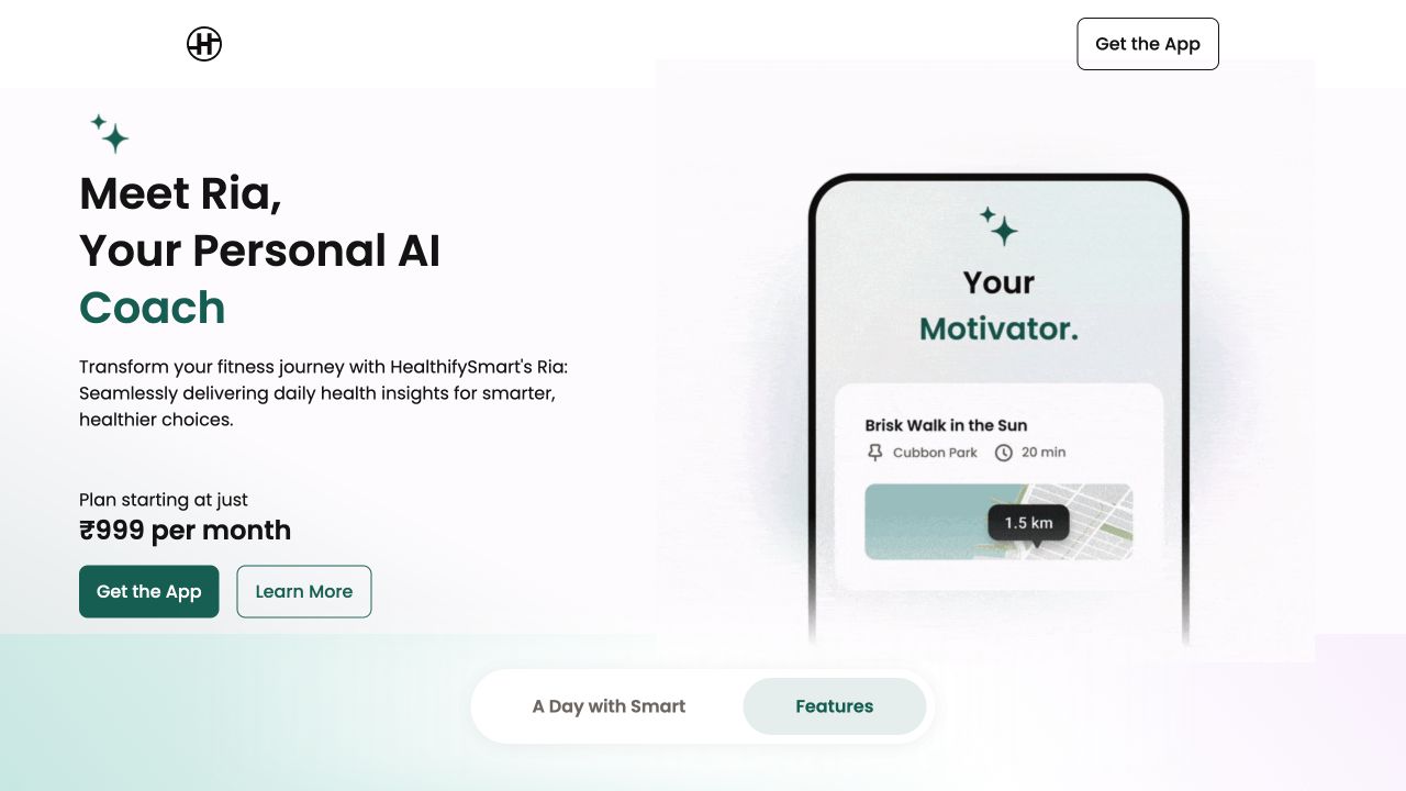 Healthify website showing its Ria AI coach and app interface