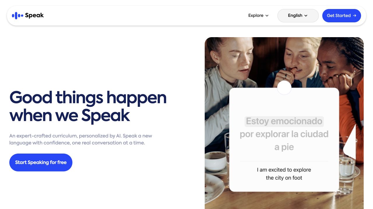 Speak website showing a language-learning conversation and its translation